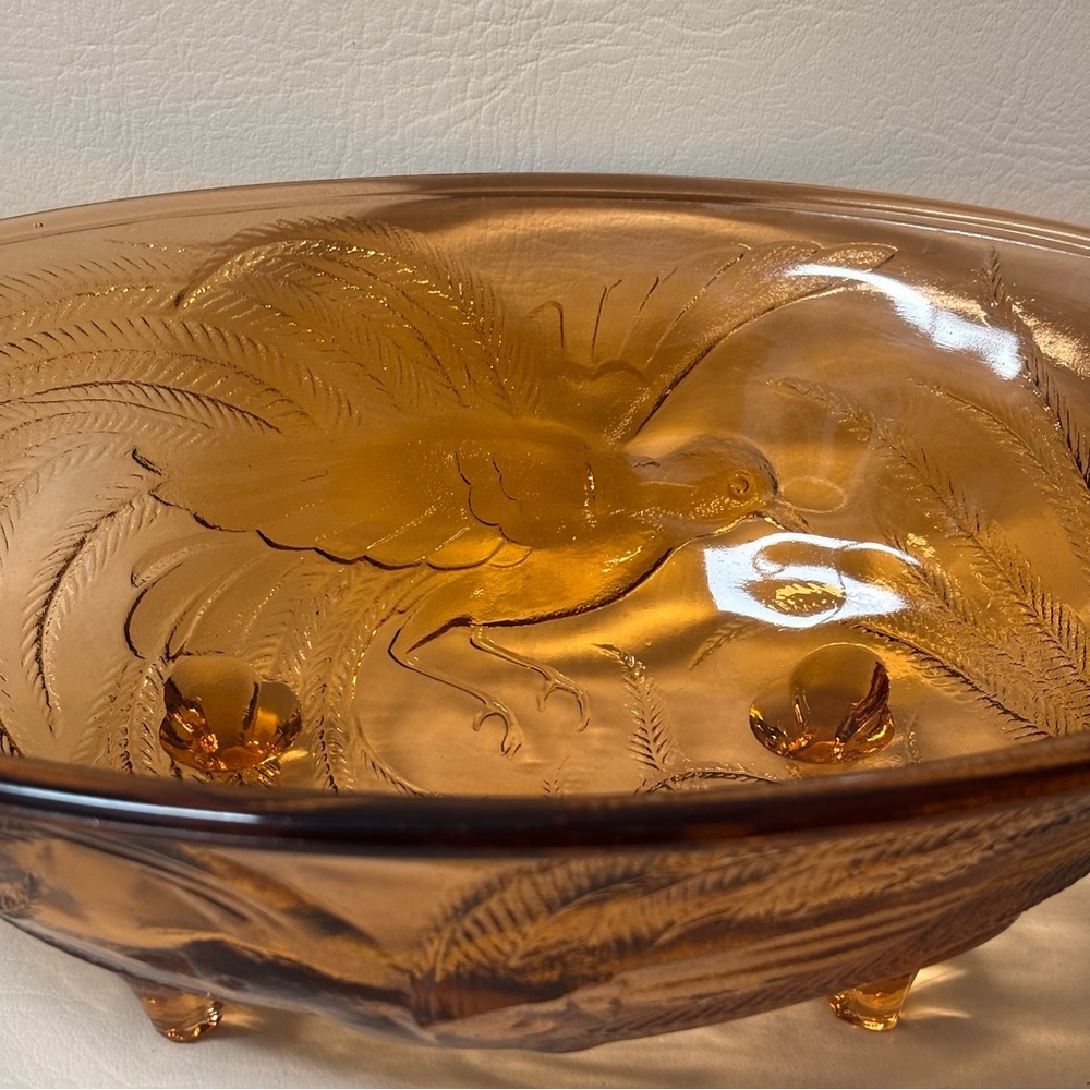 Vintage Pink Tiara Glass Oval Footed Centerpiece Fruit Bowl with Birds Paradise - Picture 3 of 8